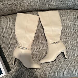 cream White knee-high kitten heel boots with rhinestones